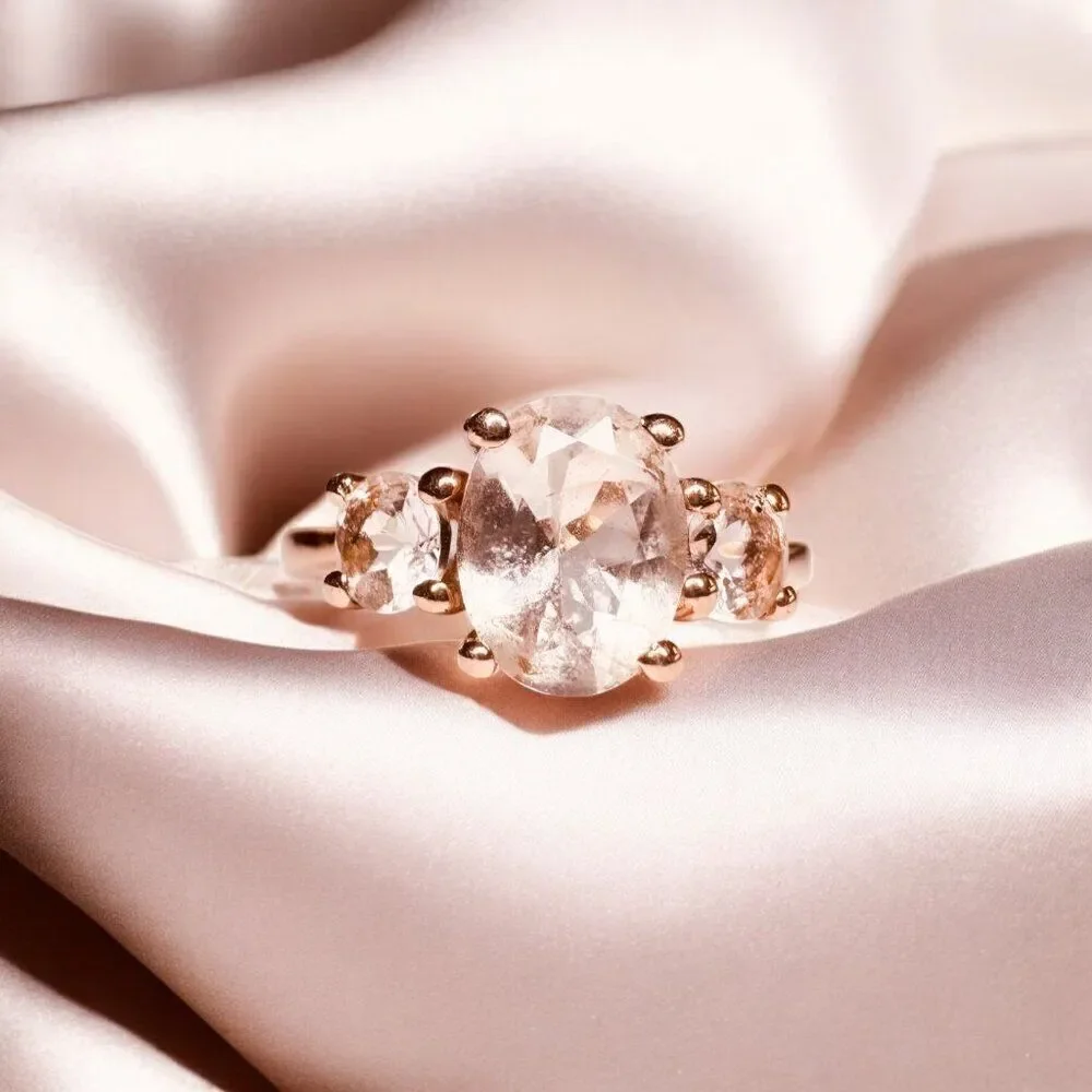 10K Rose Gold- Natural Morganite Ring - 1/2CTTW -Sz 7- Oval Cut Three Stone-2.4g